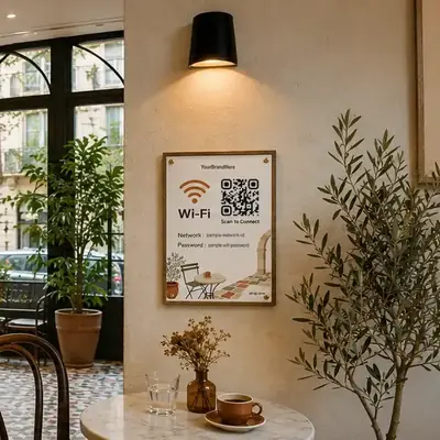 Papan QR code WiFi berbingkai di dinding kafe
