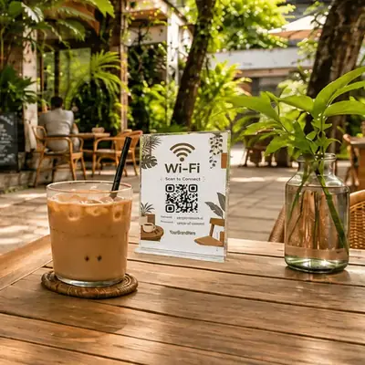 Papan QR code WiFi akrilik di meja kafe taman
